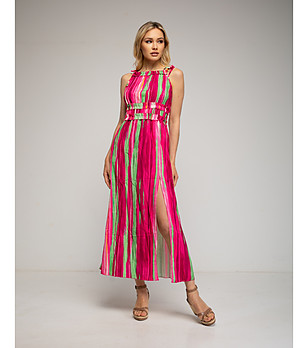 Дълга рокля на райета в циклама и зелено снимка