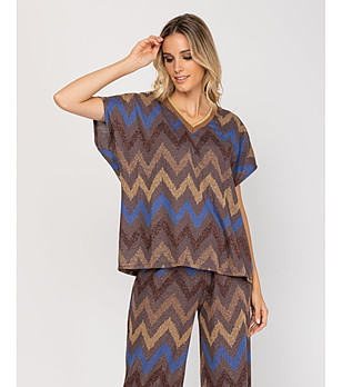 Блуза от плетиво в кафяво и синьо снимка