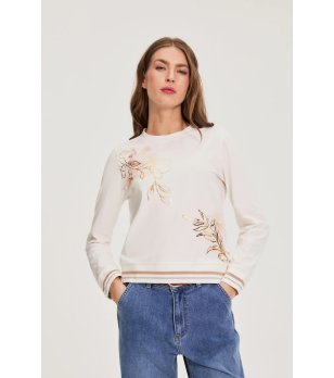 Дамска блуза в екрю с дълъг ръкав и флорален принт снимка
