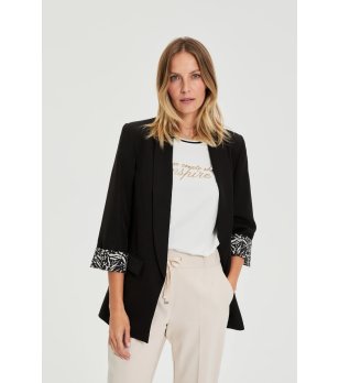 Дамско черно сако с 3/4 ръкав и принтирана маншета снимка