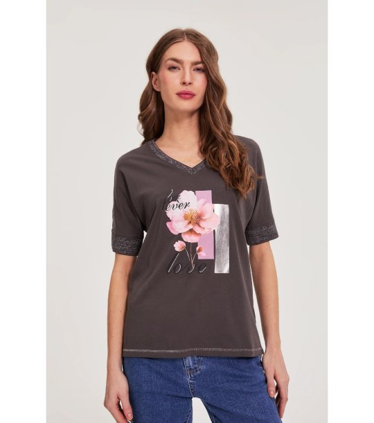 Сива  дамска памучна блуза с щампа снимка