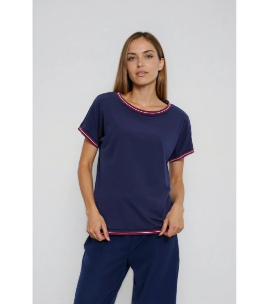 Дамска тъмносиня блуза с кантове снимка