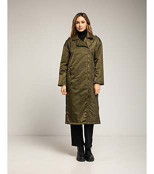 Дълго яке в цвят каки с асиметричен цип снимка