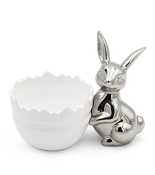 Бяла керамична декоративна купичка с фигура на заек снимка