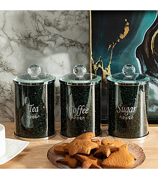 Комплект 3 двустенни стъклени буркани с черни кристали за чай, кафе и захар 10x17 см снимка