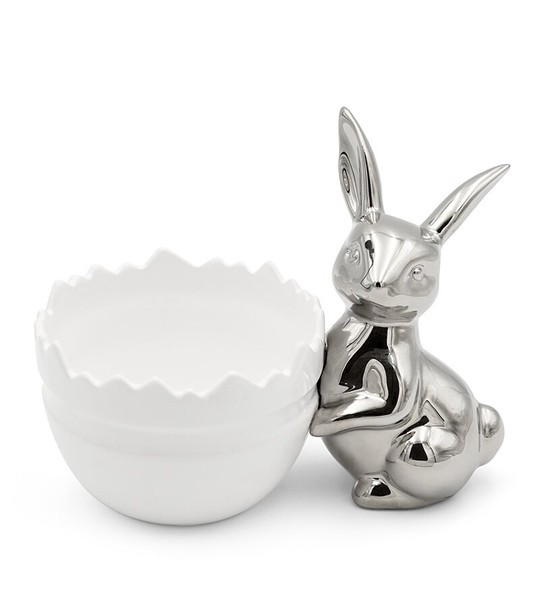 Бяла керамична декоративна купичка с фигура на заек снимка