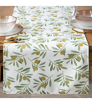 Бял тишлайфер с маслинови клонки 40x140 см с водоотблъскващо покритие снимка