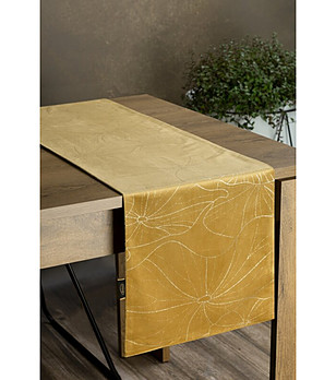 Жълто-оранжев кадифен тишлайфер със златисти листа 35x140 см снимка