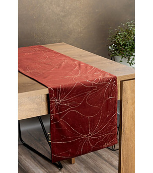 Керемидено червен тишлайфер със златисти цветя 35x180 см снимка