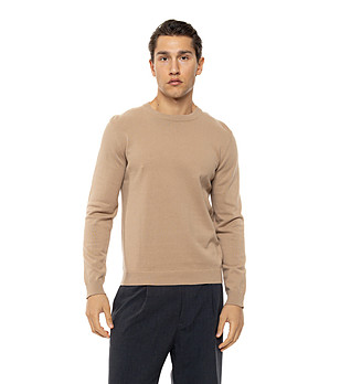 Бежов мъжки пуловер с обло деколте Lano снимка