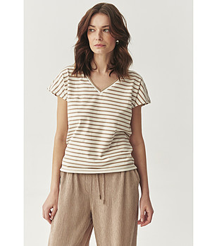 Бежова памучна блуза с V-образно деколте Elanda снимка