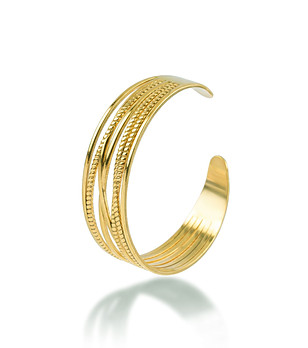 Дамска златиста твърда гривна от неръждаема стомана с релефни линии снимка