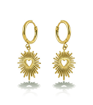 Златисти обеци халки с висулка слънце и сърце снимка