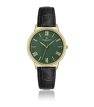 Мъжки златист часовник с зелен циферблат и черна кожена каишка  снимка