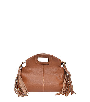 Кафява кожена чанта тип tote с ресни снимка